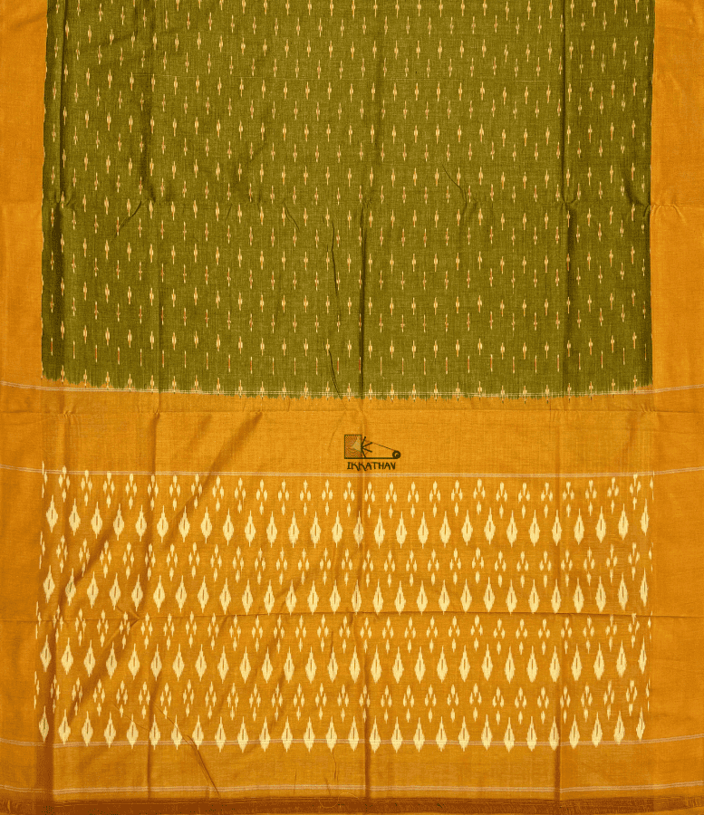 Olive Mustard Motif Ikkat Saree