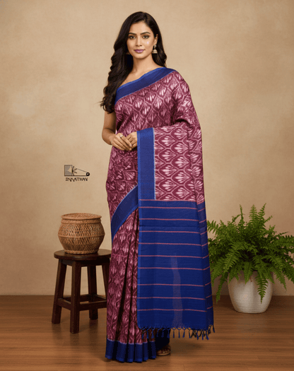 Maroon Blue Border Ikkat Saree