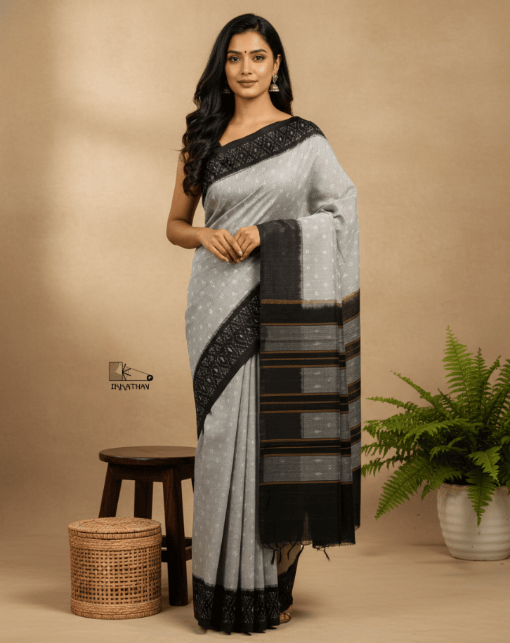 Grey Black Border Ikkat Saree