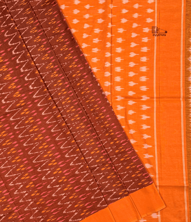 Brown Orange Chevron Ikkat Saree