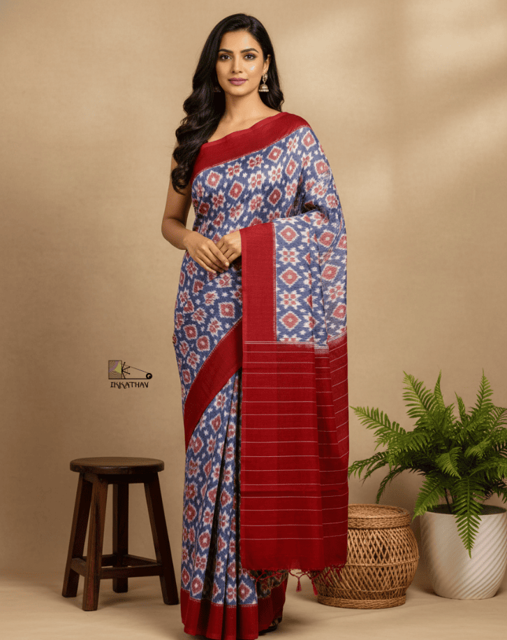 Blue Red Border Ikkat Saree
