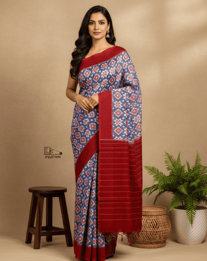 Blue Red Border Ikkat Saree