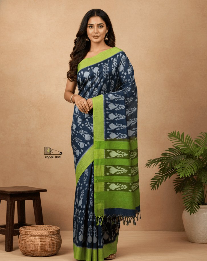 Navy Green Border Ikkat Saree