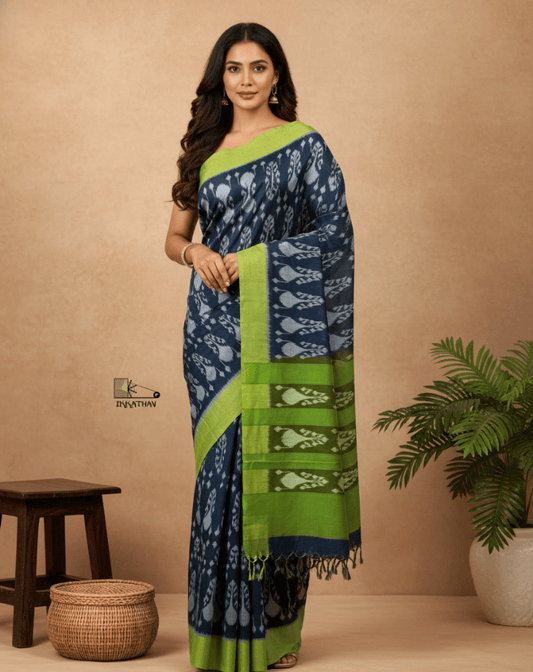 Navy Green Border Ikkat Saree