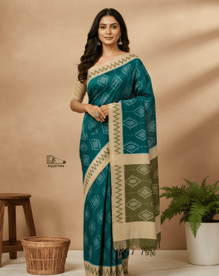 Teal Green Geometric Ikkat Saree