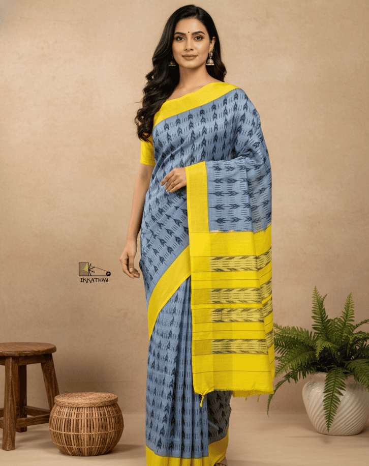 Grey Yellow Border Ikkat Saree
