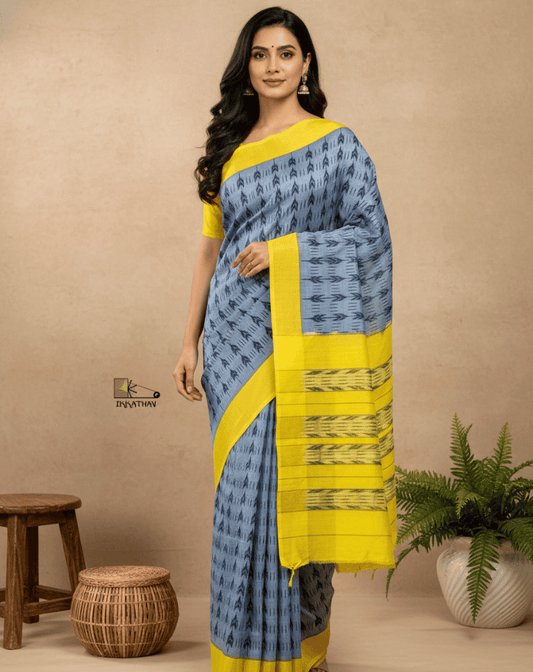 Grey Yellow Border Ikkat Saree