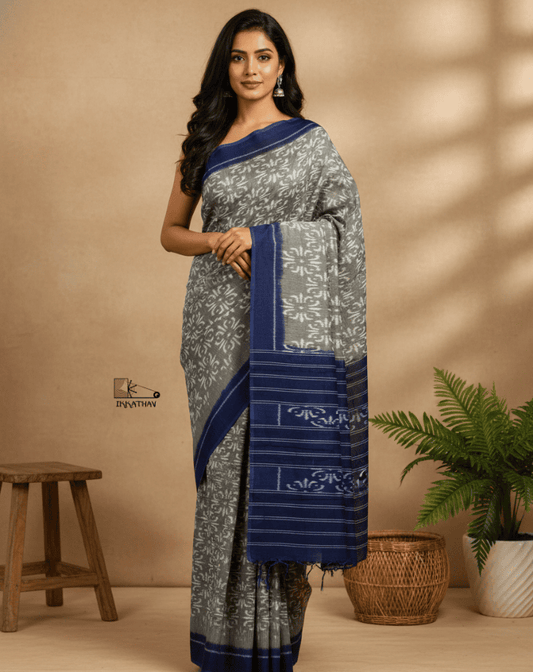 Grey Navy Ikkat Motif Saree
