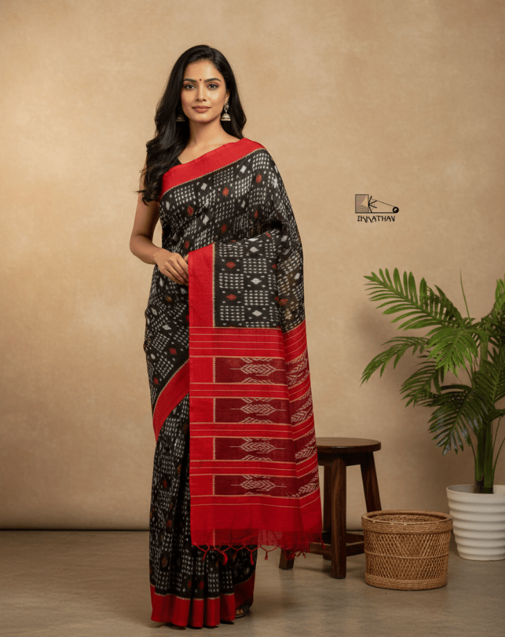 Black Red Border Ikkat Saree