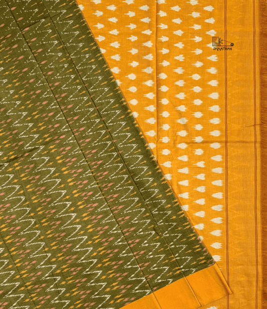 Olive Mustard Chevron Ikkat Saree