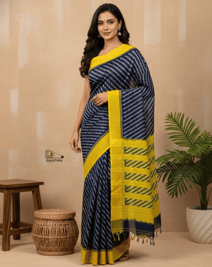 Navy Yellow Stripe Ikkat Saree
