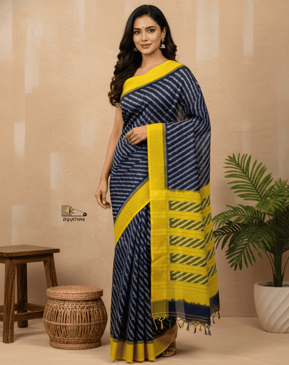 Navy Yellow Stripe Ikkat Saree