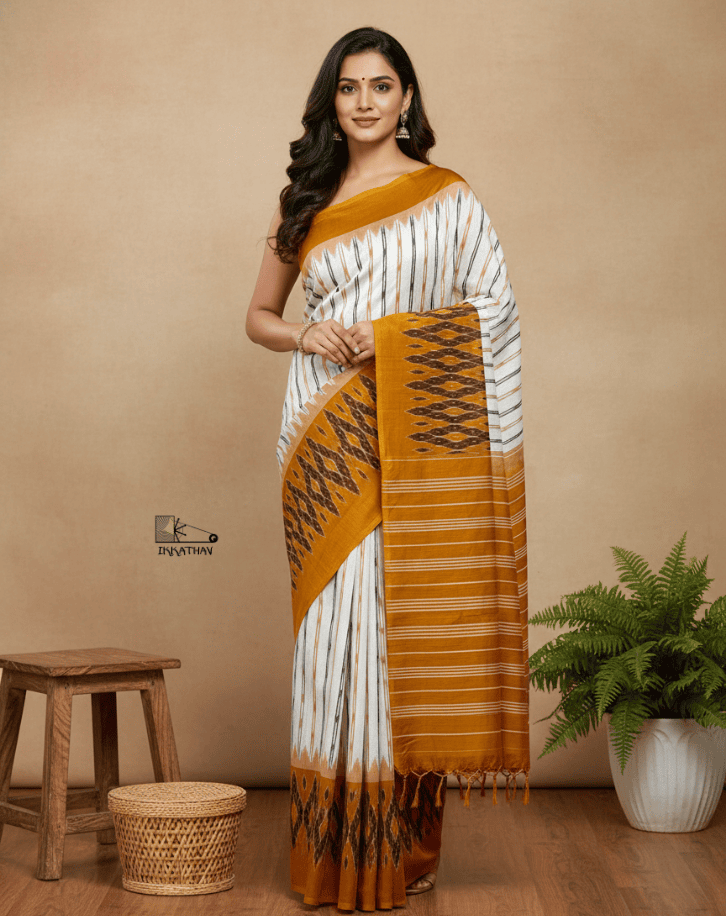 White Mustard Ikkat Stripe Saree