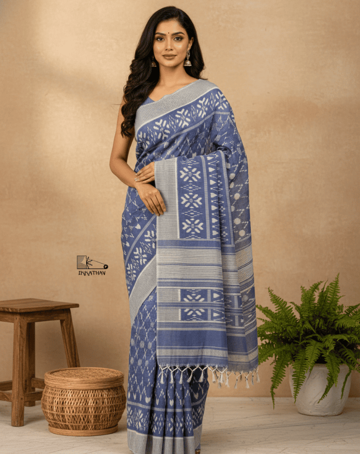 Grey Blue Motif Ikkat Saree