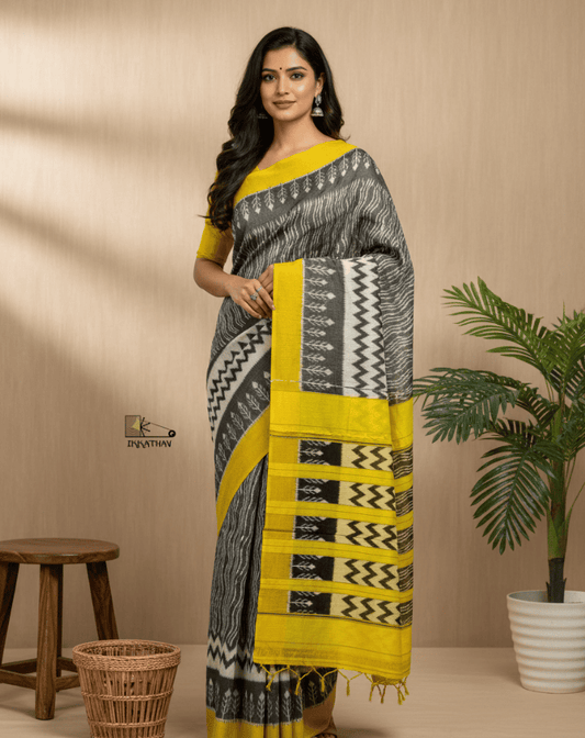 Grey Yellow Stripe Ikkat Saree