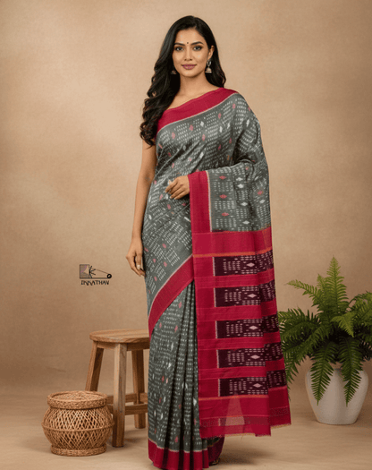 Grey Red Border Ikkat Saree