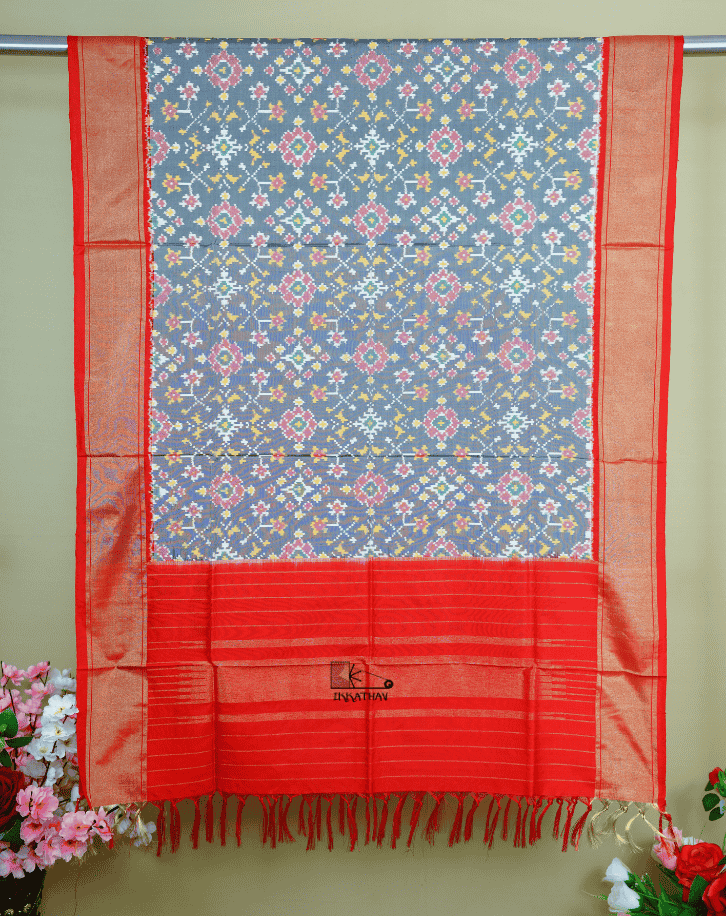 Grey Red Silk Dupatta