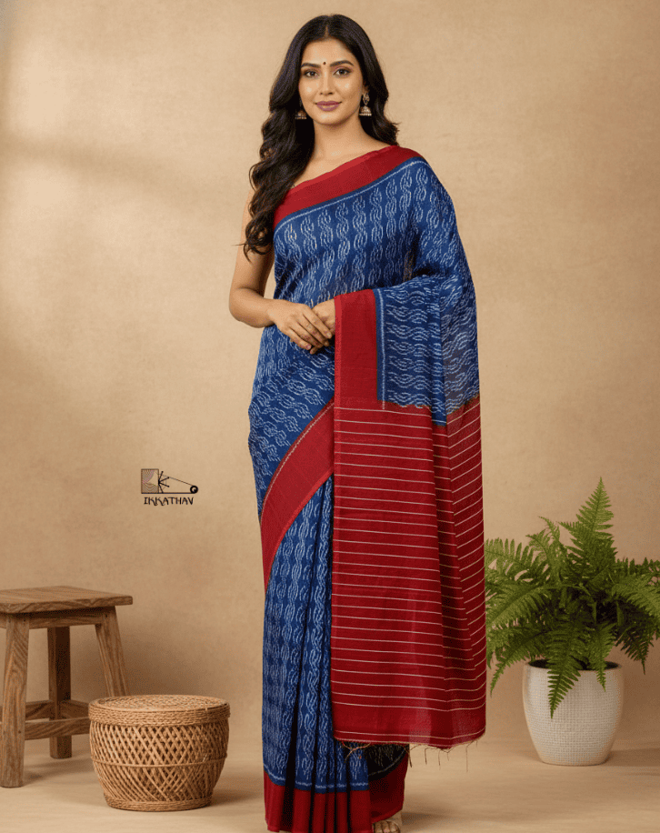 Royal Blue Red Stripe Ikkat Saree