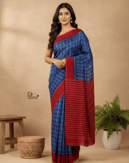 Royal Blue Red Stripe Ikkat Saree