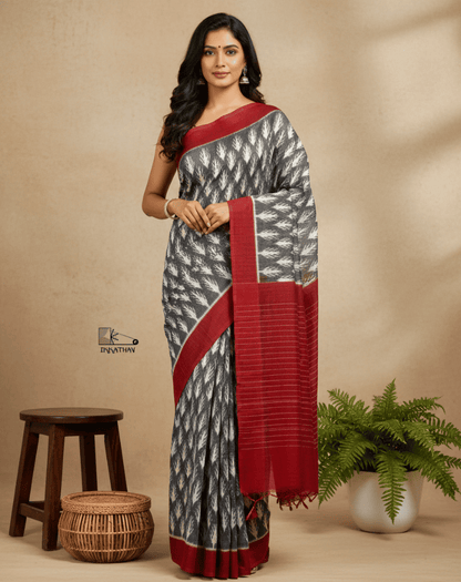 Grey Red Ikkat Motif Saree