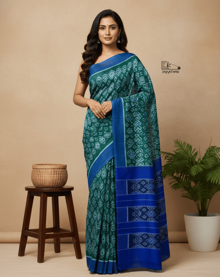 Teal Blue Geometric Ikkat Saree