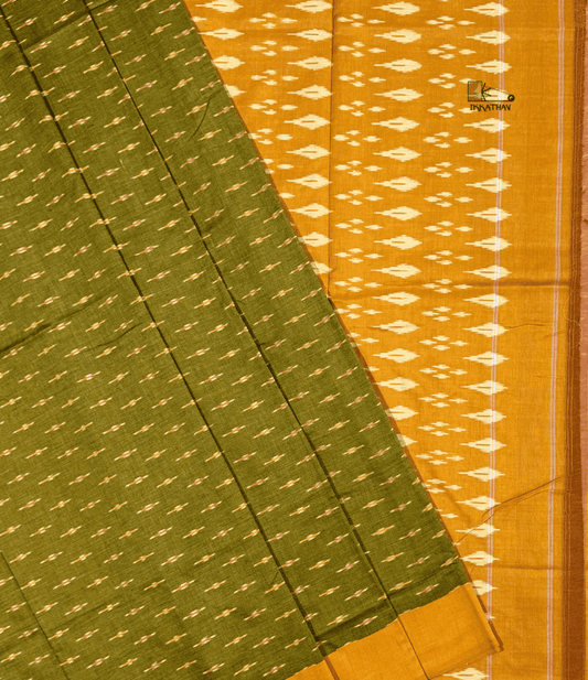 Olive Mustard Motif Ikkat Saree