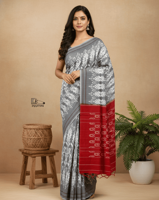Grey Red Border Ikkat Saree