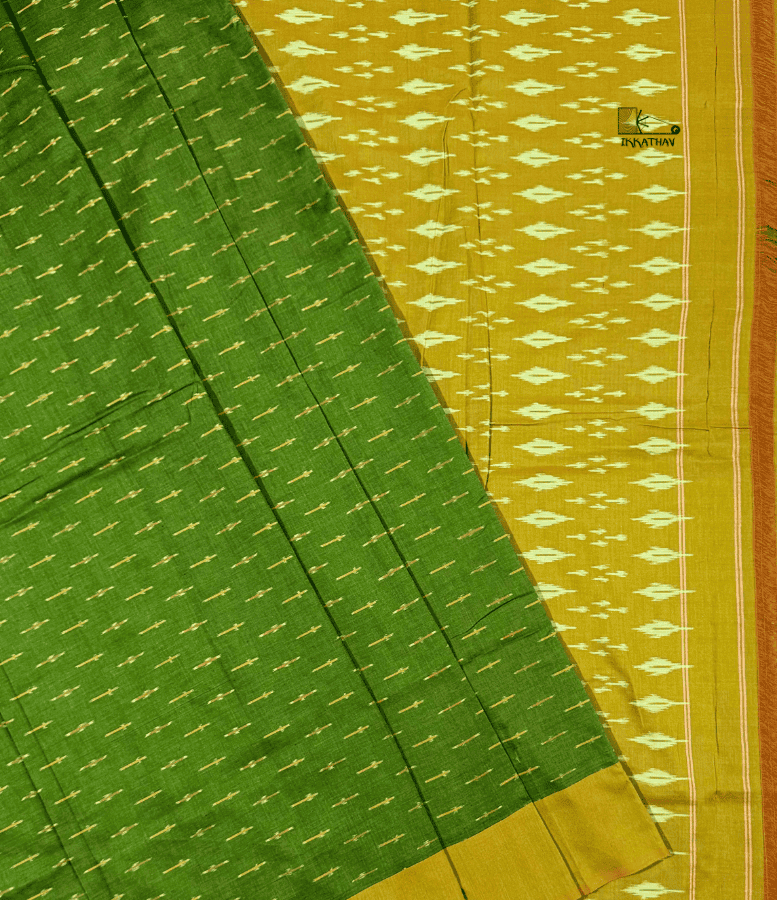 Green Yellow Motif Ikkat Saree