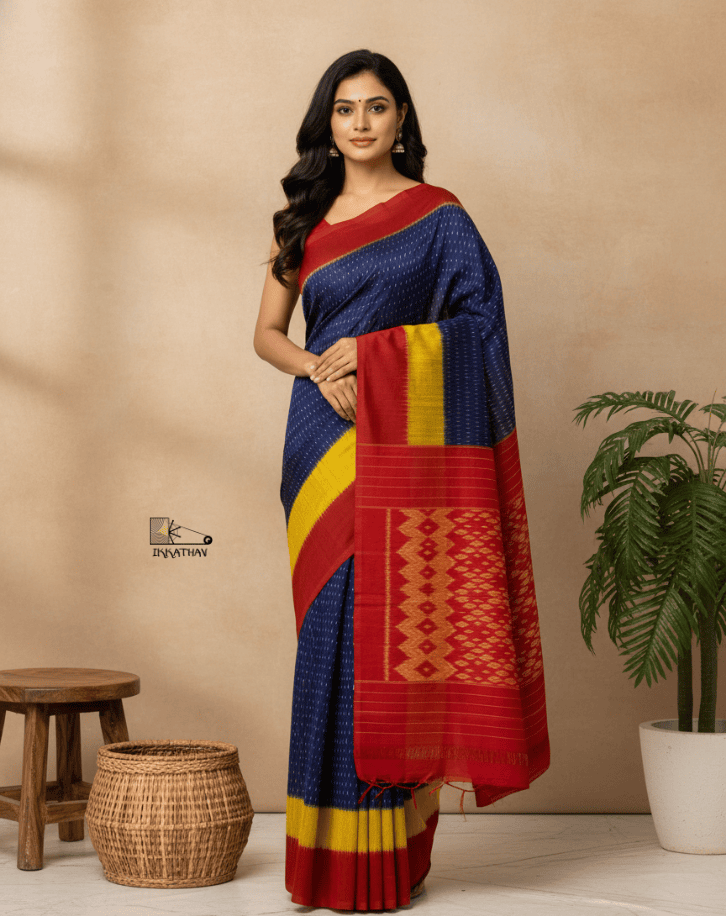 Navy Red Stripe Ikkat Saree