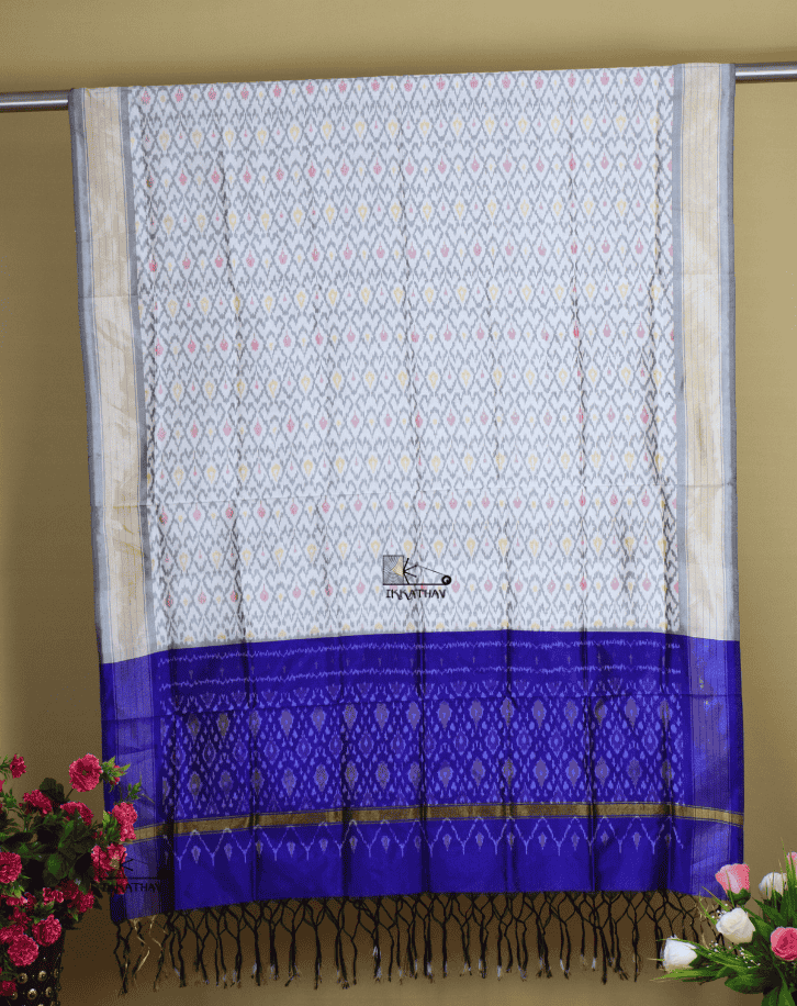 White Royal Blue Silk Dupatta