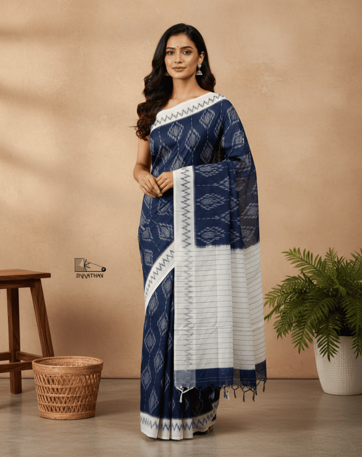 Navy White Geometric Ikkat Saree