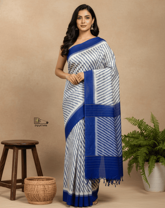 White Blue Stripe Ikkat Saree