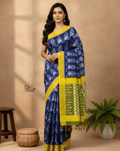 Royal Blue Yellow Border Ikkat Saree
