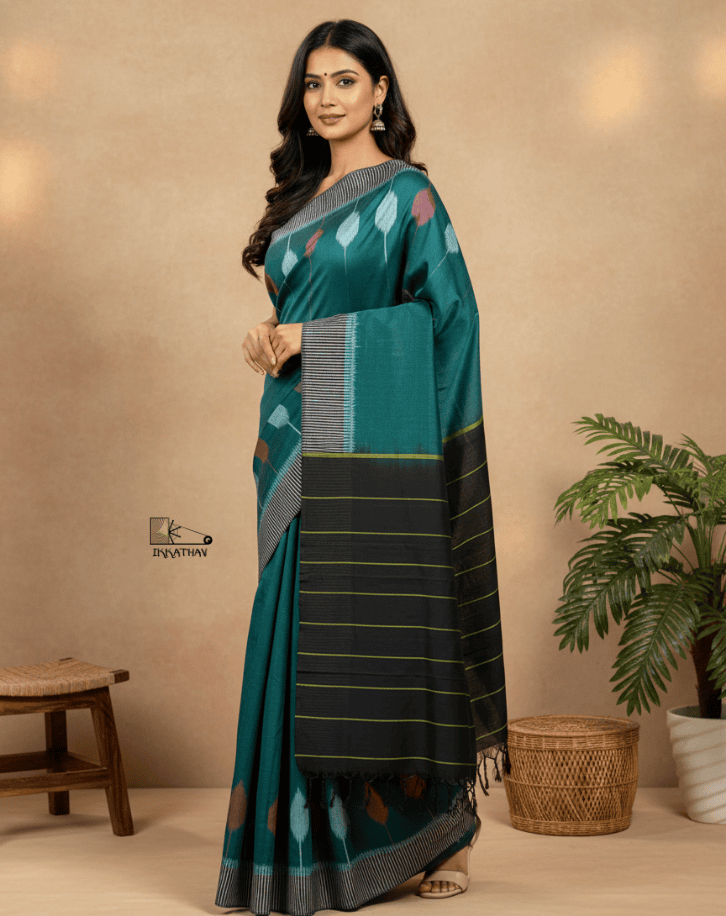 Bottle Green Border Ikkat Saree